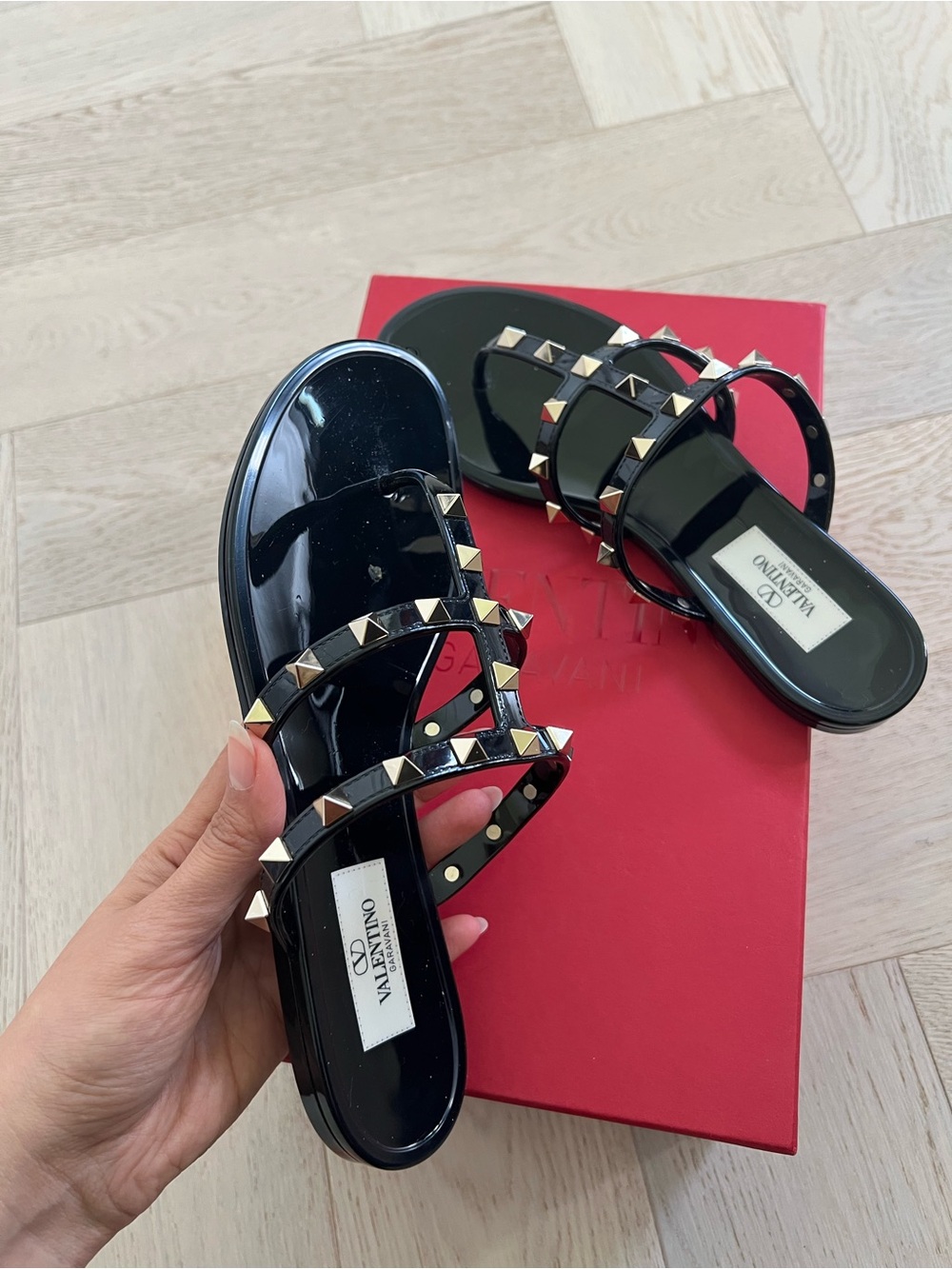 New Valentino Garavani Black Studded Jelly Slides